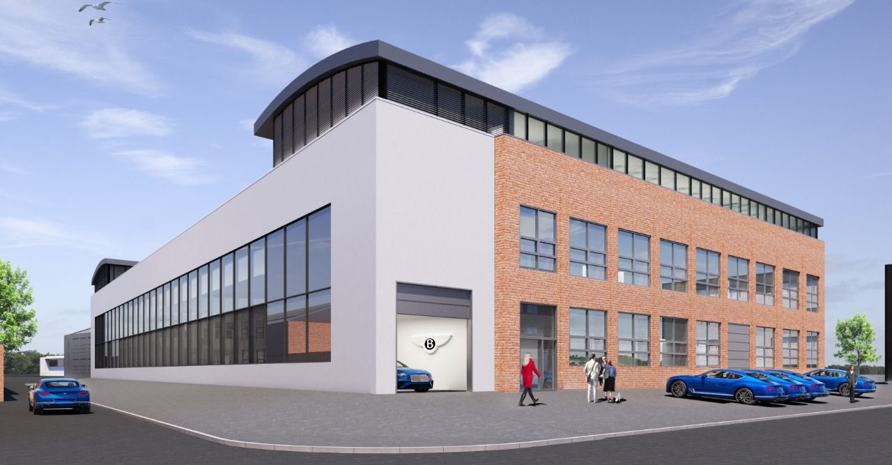 Render de la vista posterior del edificio remodelado junto a los modelos de Bentley