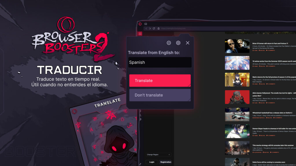 Interfaz de la aplicación Browser Boosters 2 mostrando traducción en tiempo real.