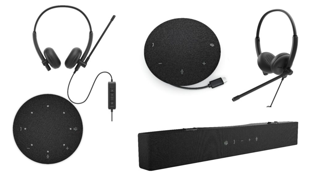 Auriculares y altavoces en color negro sobre fondo blanco