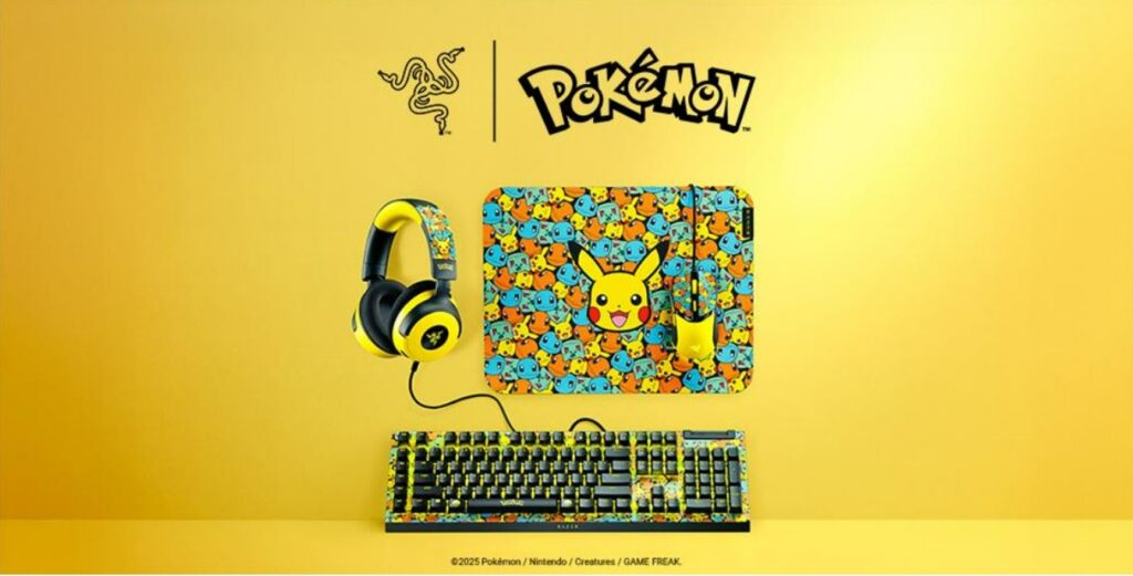 Teclado y auriculares Razer con diseño de Pokémon en fondo amarillo