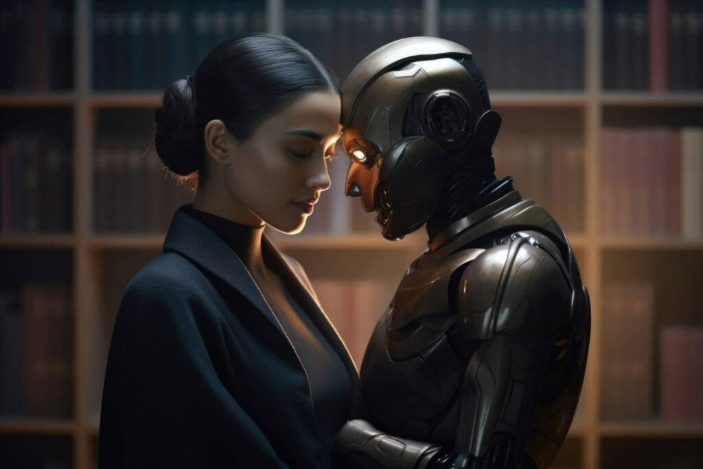 Una mujer y un robot en un ambiente de biblioteca iluminado