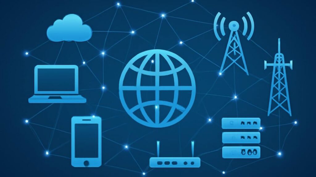 Redes de telecomunicaciones interconectadas, destacando cables y equipos en una sala de servidores.
